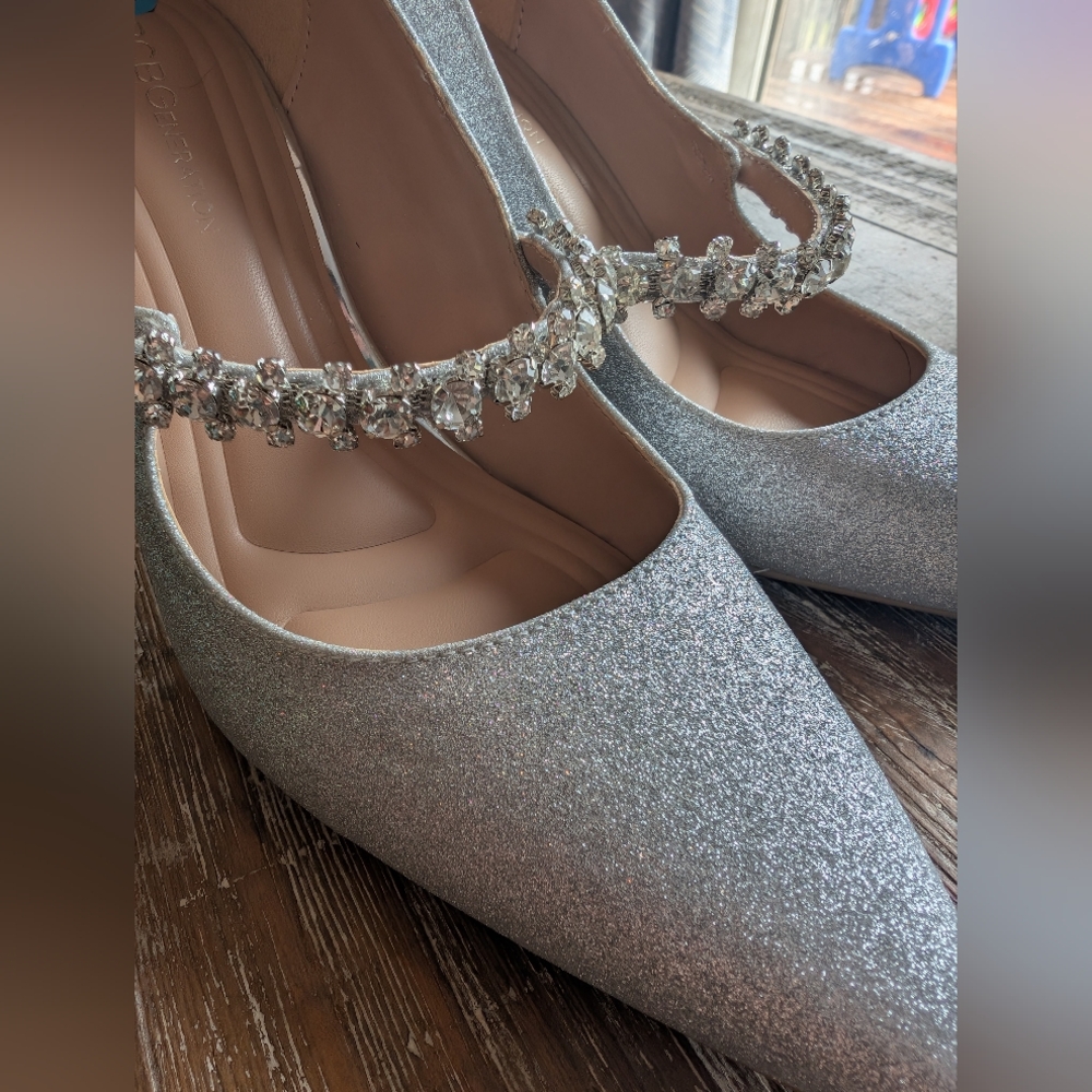 Bcbg Sparkle Glitter Silver Rhinestone Jewel Strap Heel Mary Jane